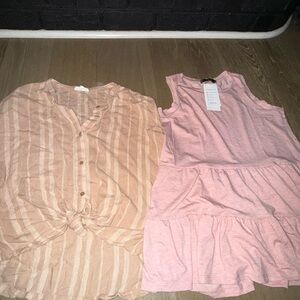 Splendid Tan Striped Button-Down and Pink Sleeveless Top